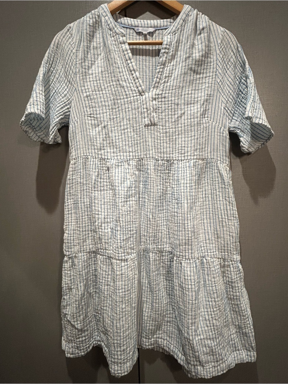 Light Blue and White Striped Seersucker V-Neck Tiered Tunic Dress
